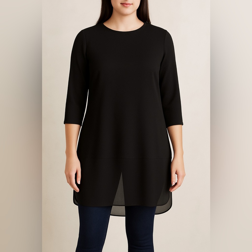 H by Halston Tunic Top Blouse Black High-Low Sheer Long with Side Slits Size M